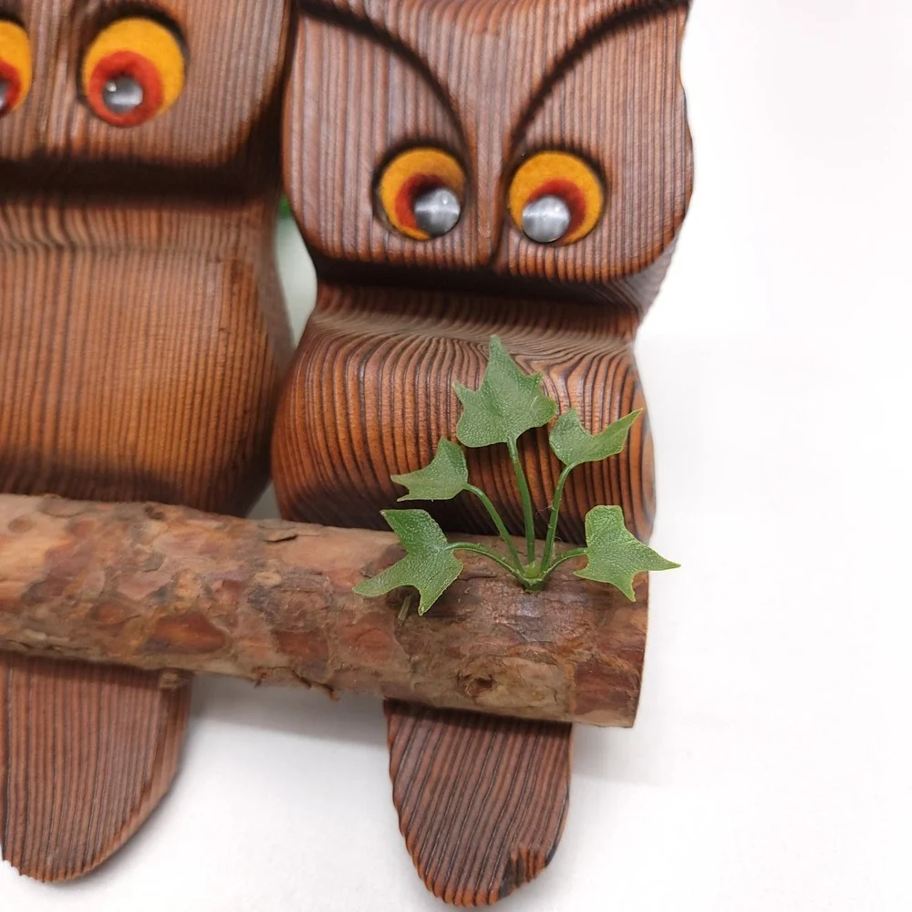 Large Witco Wooden 3 Owls On A Branch‎ Wall Art Orange Tack Felt Eyes Carved MCM